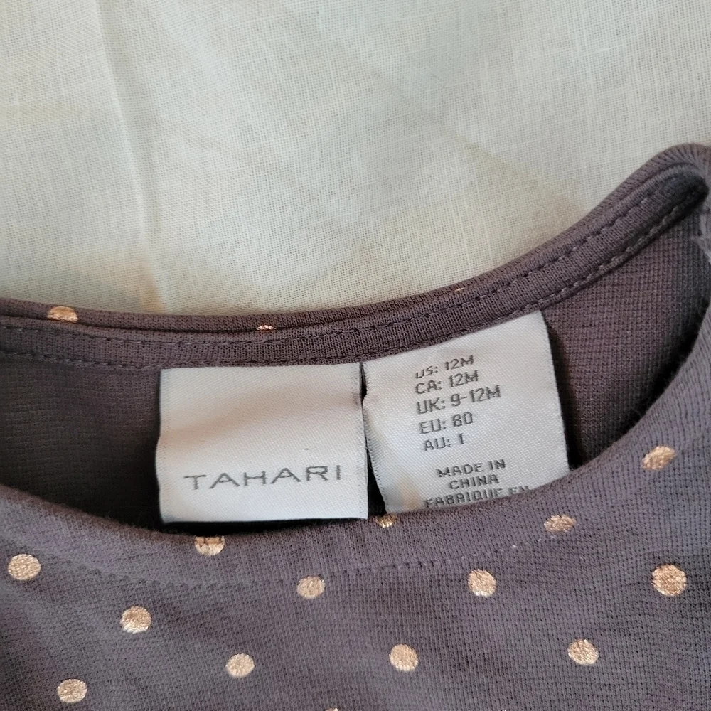 Tahari grey/brown gold polkadot sleeveless flutter dress 12m